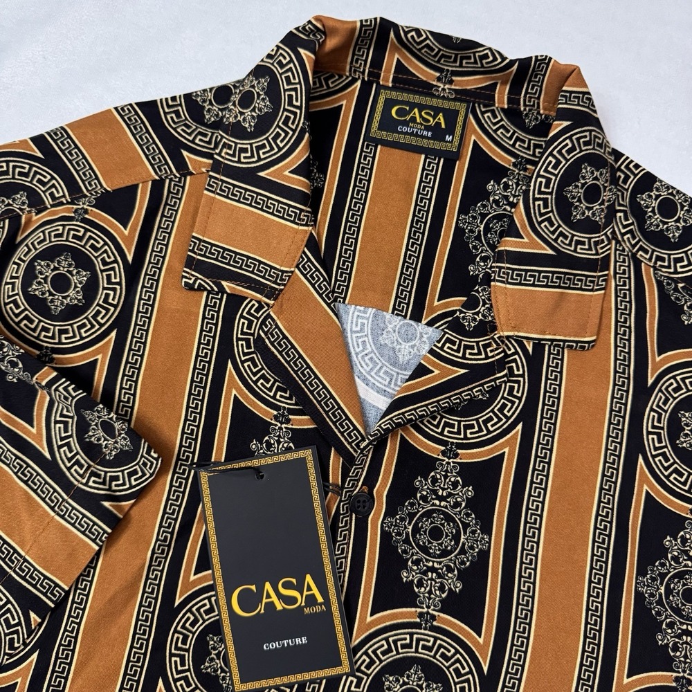 Casa Moda‎ Woven Shirt Short Sleeve Black Brown Gold Luxury Baroque Pattern Sz M
